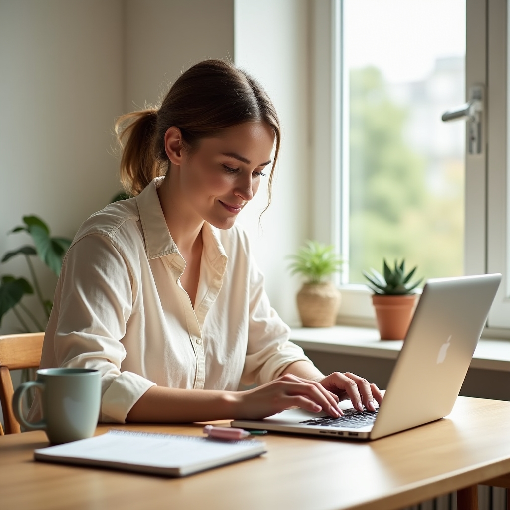 A person studying a nutritional awareness course on a laptop in a bright, comfortable home setting
