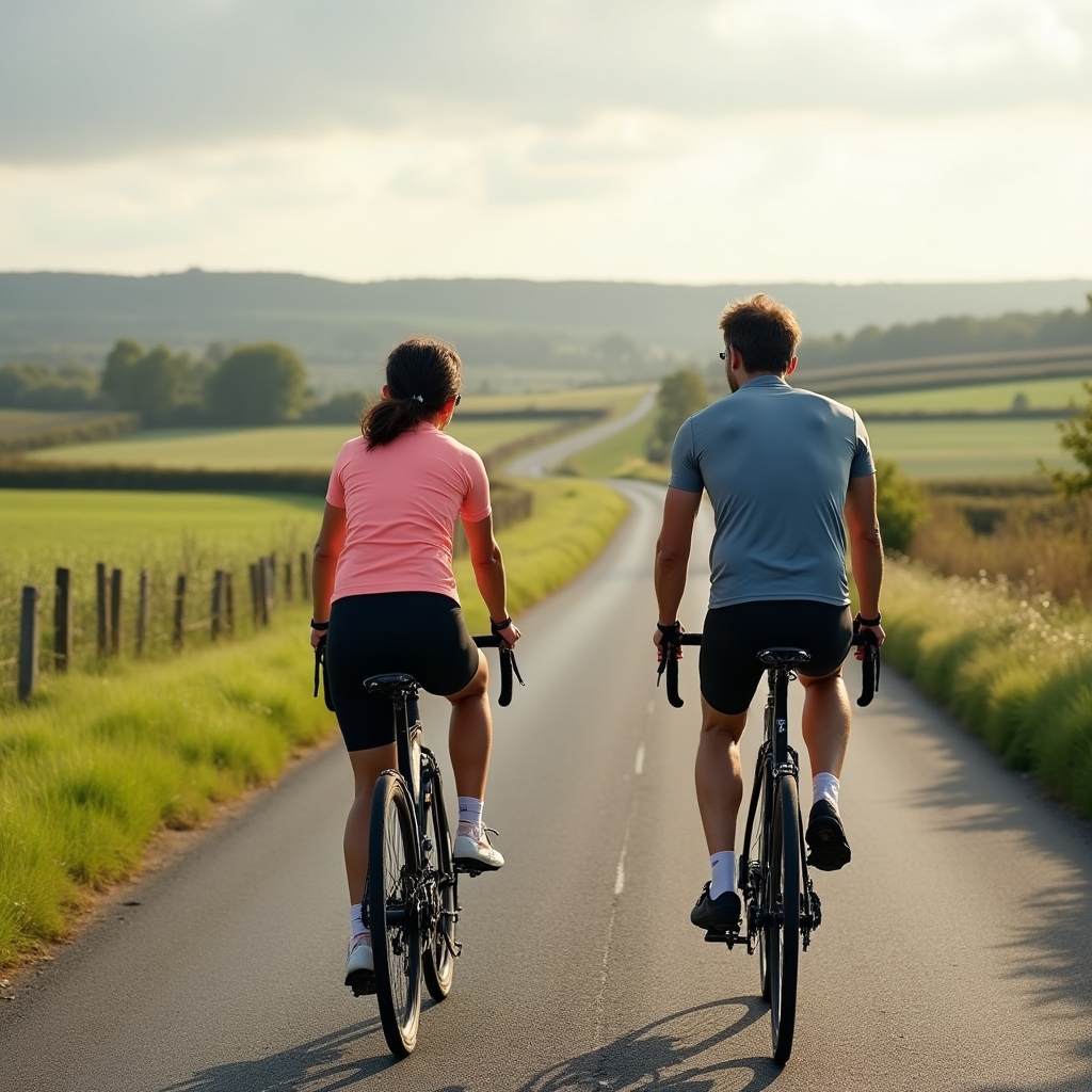 Two cyclists riding along a scenic country road through farmland on a clear morning, casual athletic clothing