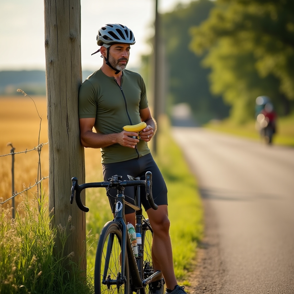 A cyclist in casual outdoor gear pausing to eat a snack beside a country road on a sunny day