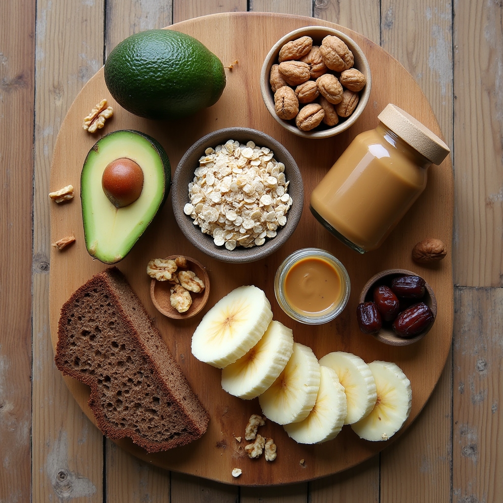 Colorful whole foods arranged on a natural wooden surface showing energy-rich options