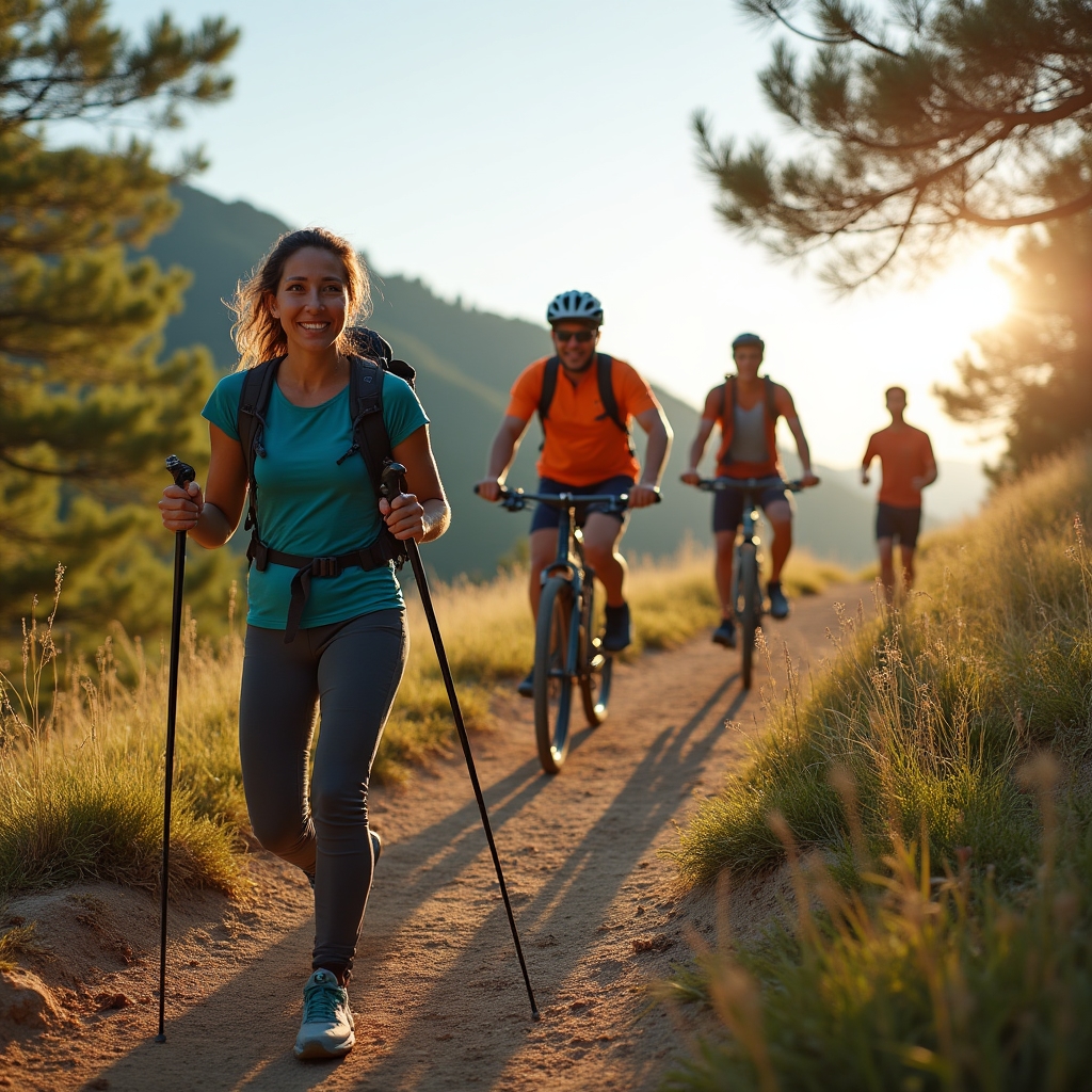 Hikers and cyclists enjoying outdoor activity in a scenic landscape