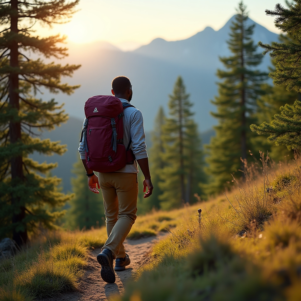 A hiker walking a mountain trail through pine trees with a backpack, golden afternoon light