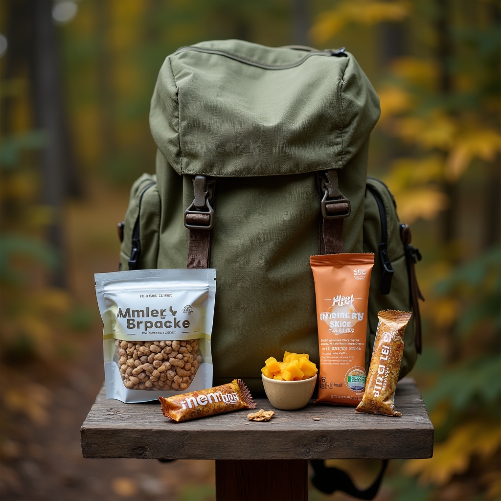 An open backpack on a trailhead with various whole food snacks visible, surrounded by forest foliage