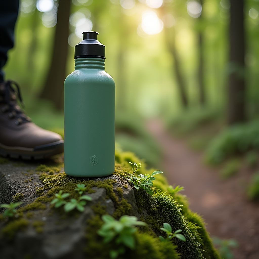 A reusable water bottle resting on a mossy rock during a hiking trail in soft natural light