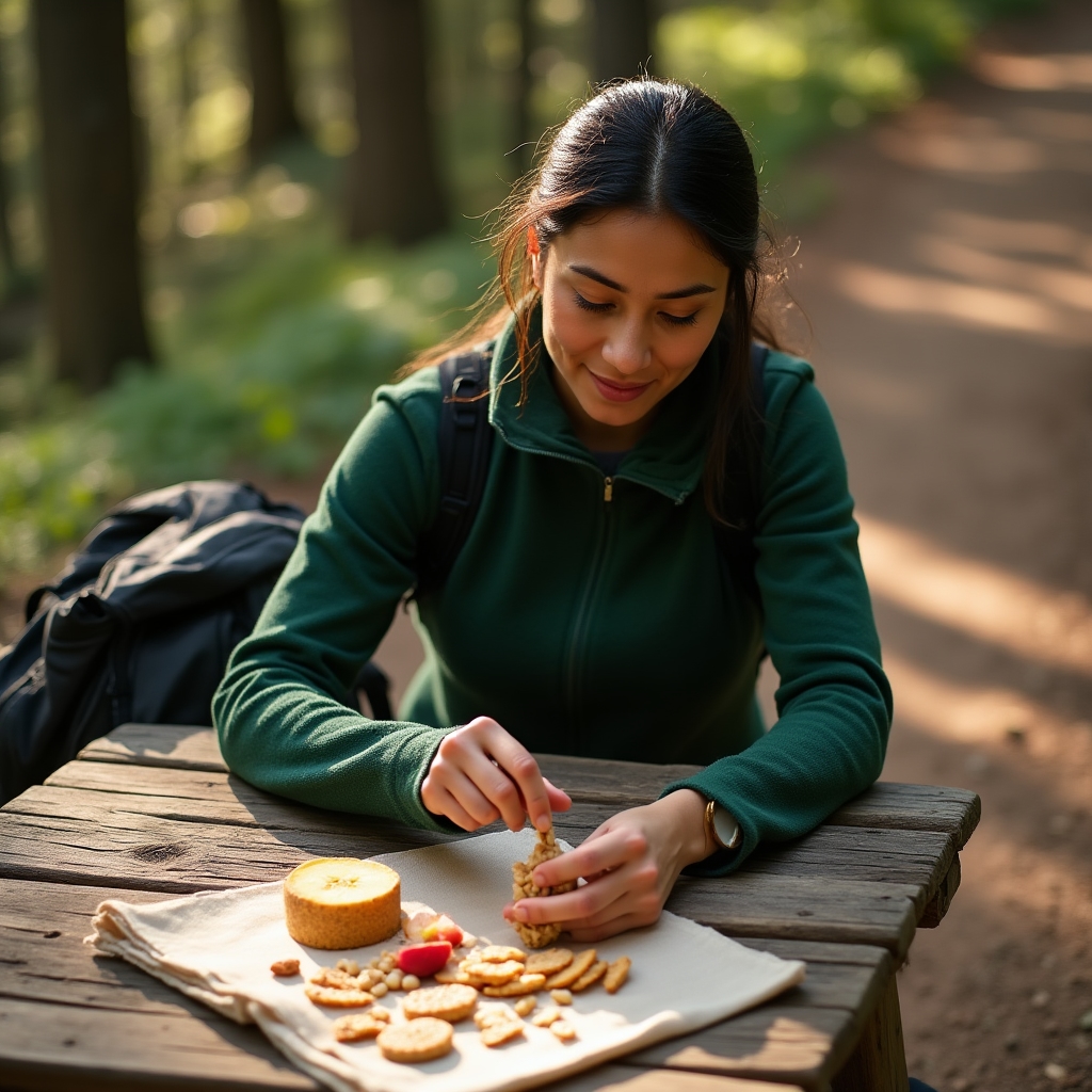 A hiker preparing a nutritious snack on a wooden table before a trail walk