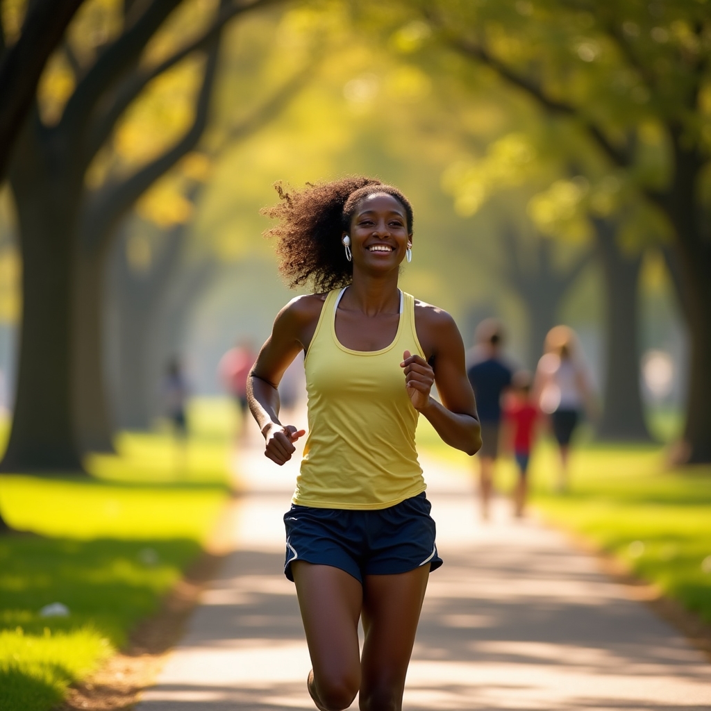 A recreational runner in a city park on a weekend morning, wearing casual athletic wear, warm morning light
